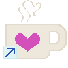 A small cup of steaming coffee. The swirl of the steam forms a small heart. The mug has a pink heart on the front.